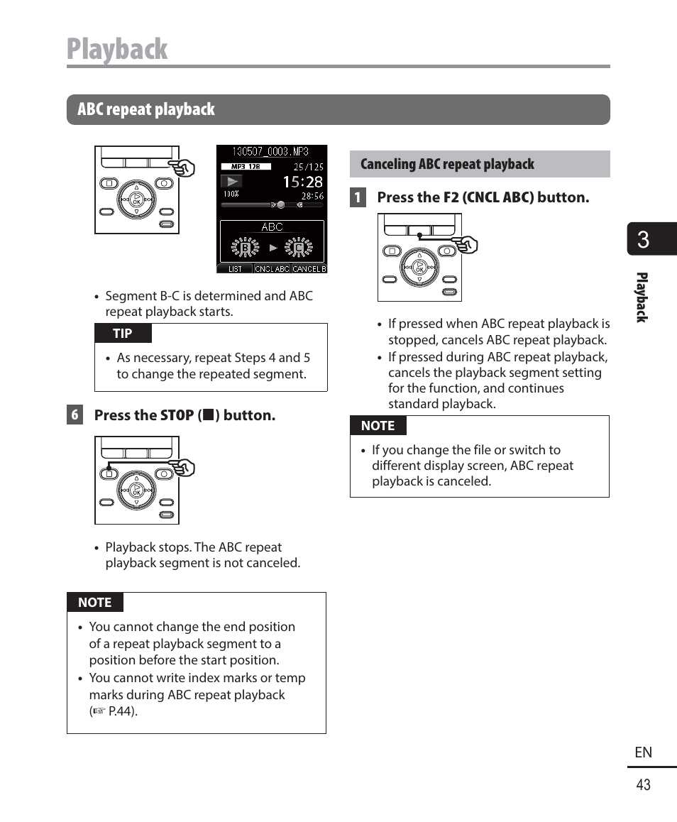 Playback, Abc repeat playback | Olympus DM901 User Manual | Page 43 / 132