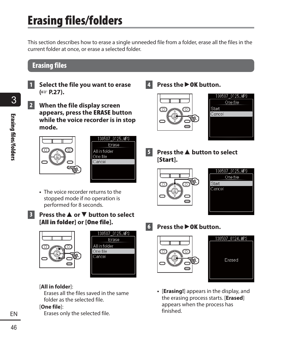 Erasing files/folders, Erasing files | Olympus DM901 User Manual | Page 46 / 132