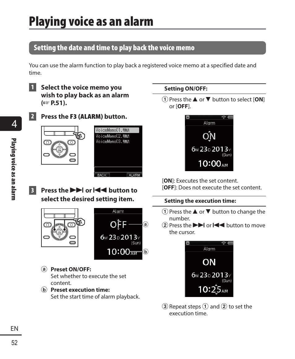 Playing voice as an alarm | Olympus DM901 User Manual | Page 52 / 132