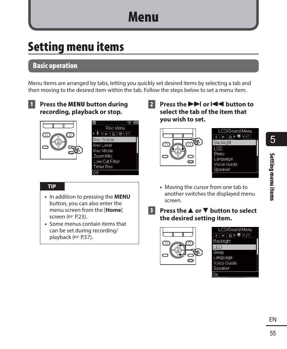 Menu, Setting menu items | Olympus DM901 User Manual | Page 55 / 132