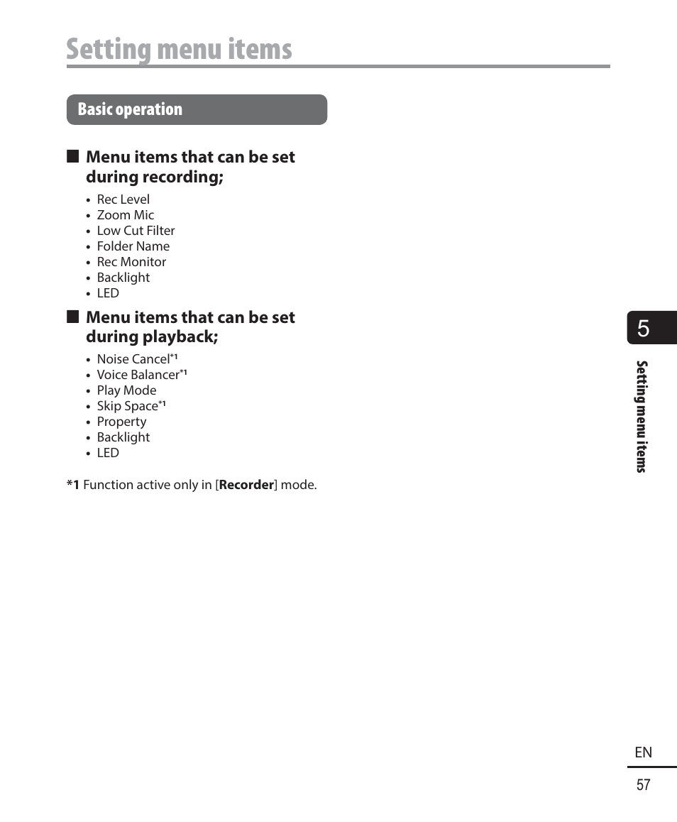 Setting menu items, Basic operation | Olympus DM901 User Manual | Page 57 / 132