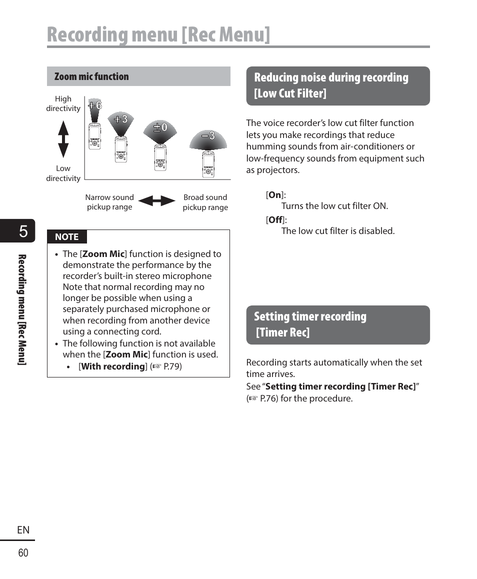 Recording menu [rec menu, Reducing noise during recording [low cut filter, Setting timer recording [timer rec | Olympus DM901 User Manual | Page 60 / 132