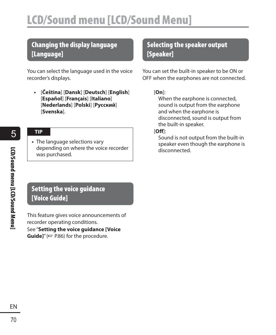 Lcd/sound menu [lcd/sound menu, Changing the display language [language, Setting the voice guidance [voice guide | Selecting the speaker output [speaker | Olympus DM901 User Manual | Page 70 / 132