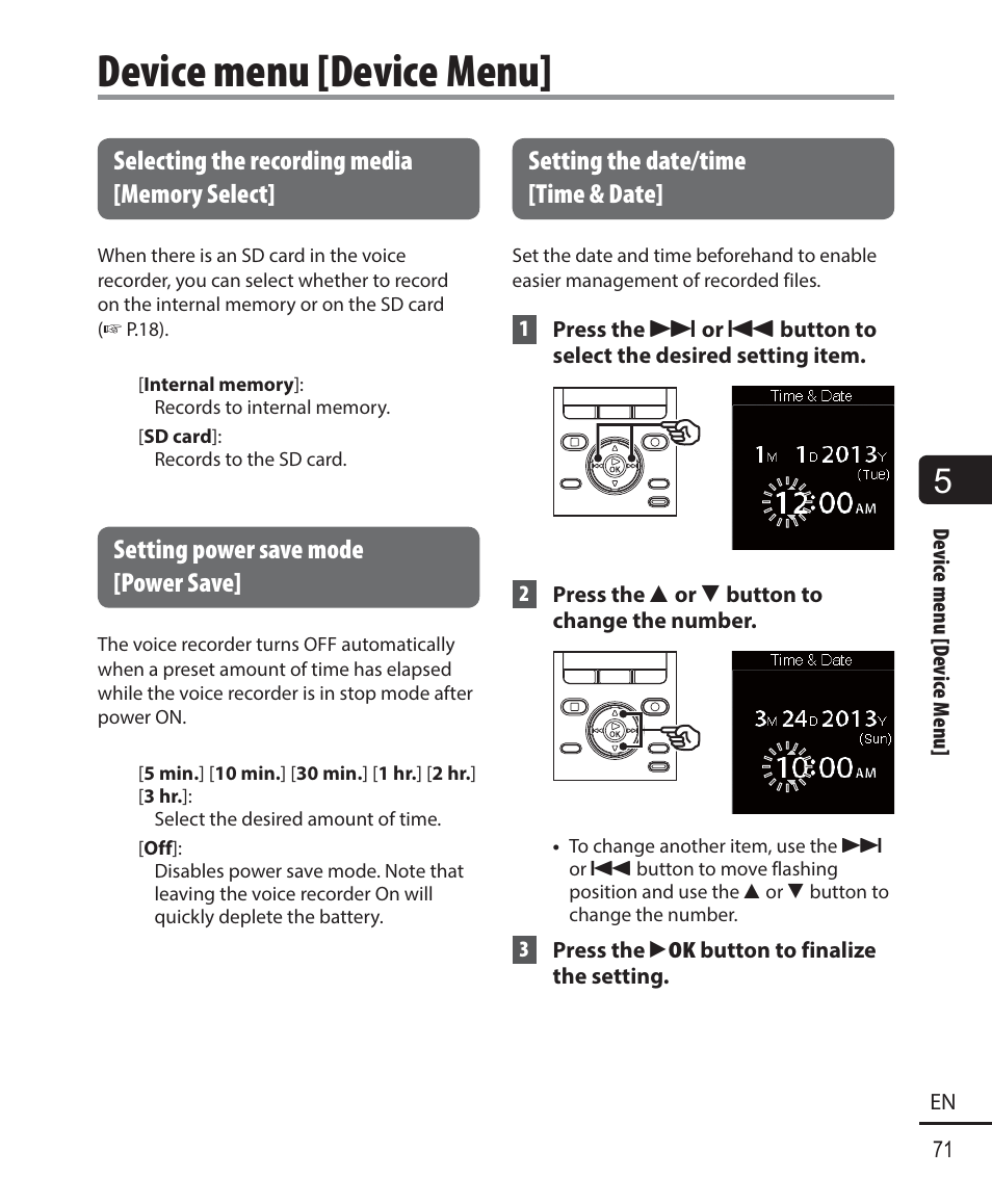 Device menu [device menu, Setting power save mode [power save, Setting the date/time [time & date | Olympus DM901 User Manual | Page 71 / 132