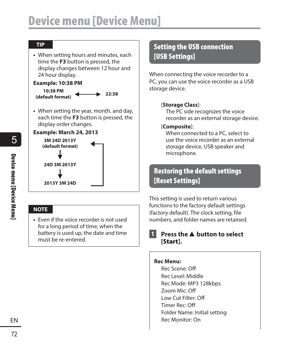 Device menu [device menu, Setting the usb connection [usb settings, Restoring the default settings [reset settings | Olympus DM901 User Manual | Page 72 / 132