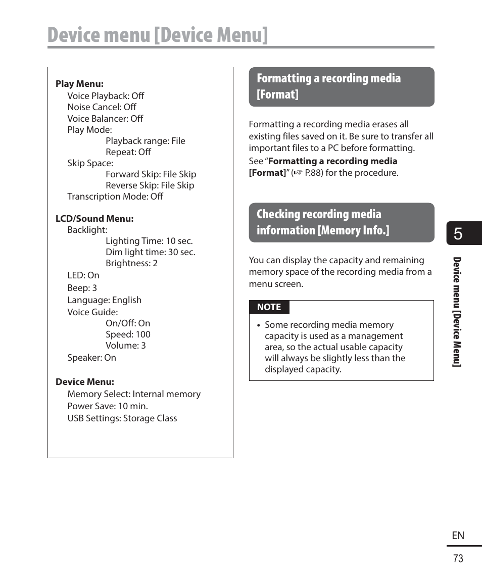 Device menu [device menu, Formatting a recording media [format | Olympus DM901 User Manual | Page 73 / 132