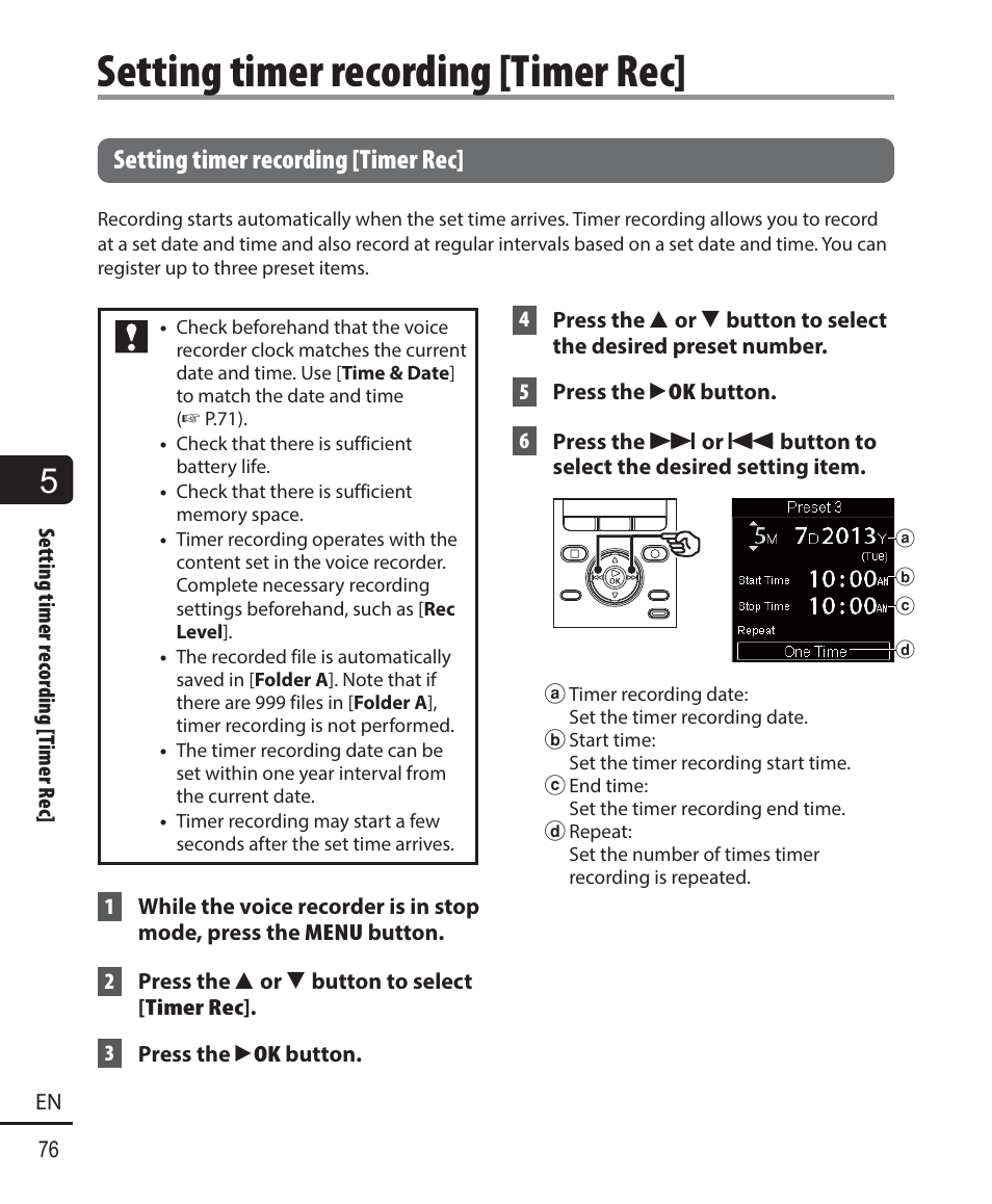 Setting timer recording [timer rec | Olympus DM901 User Manual | Page 76 / 132