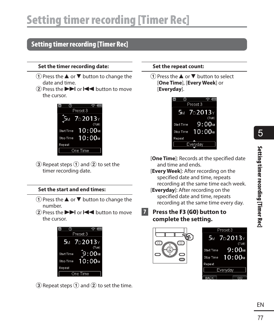 Setting timer recording [timer rec | Olympus DM901 User Manual | Page 77 / 132