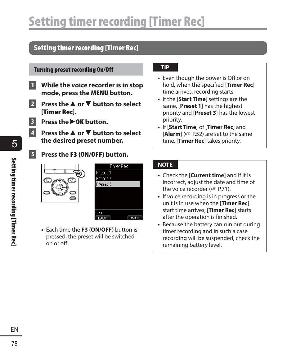 Setting timer recording [timer rec | Olympus DM901 User Manual | Page 78 / 132