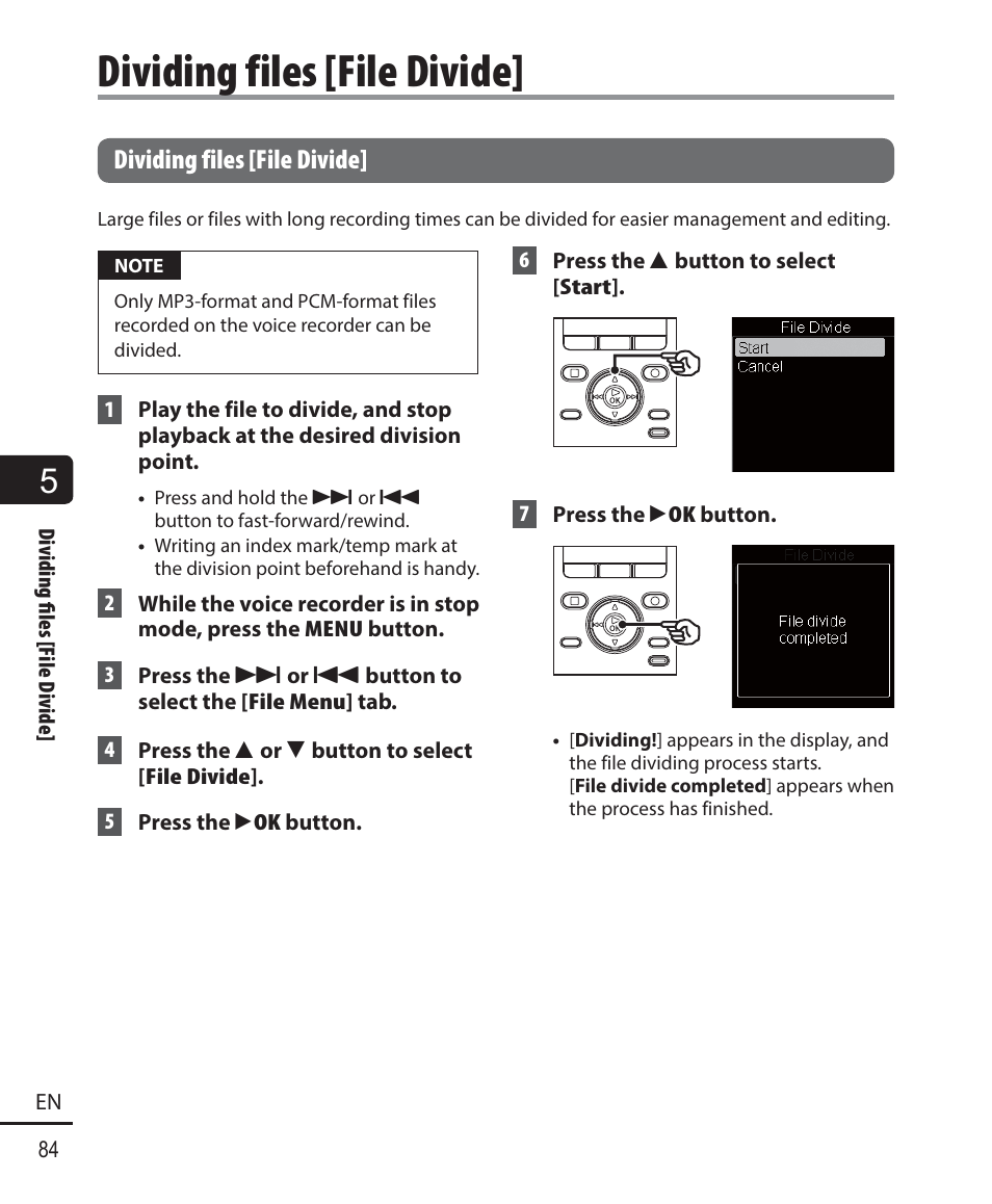 Dividing files [file divide | Olympus DM901 User Manual | Page 84 / 132