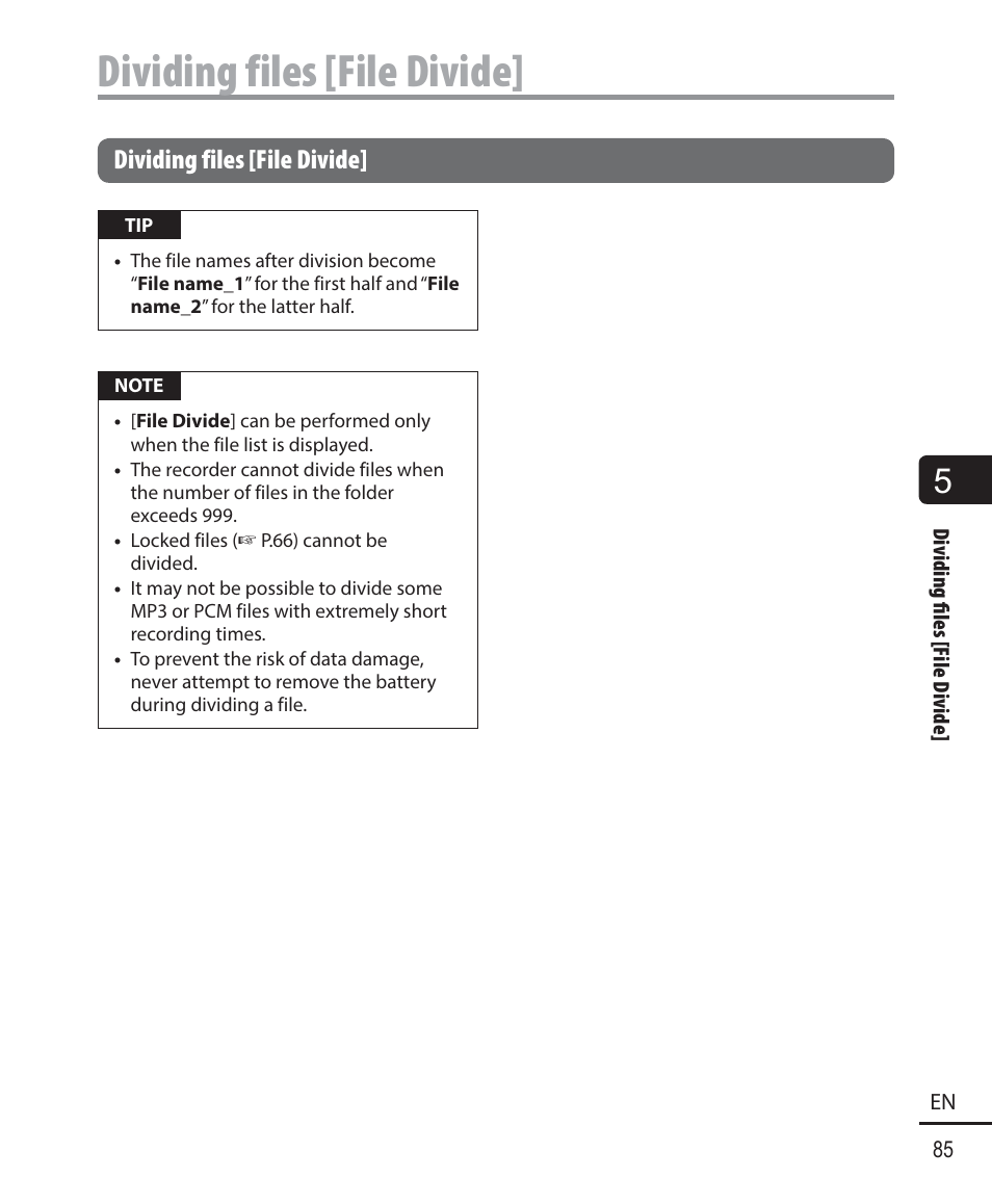 Dividing files [file divide | Olympus DM901 User Manual | Page 85 / 132