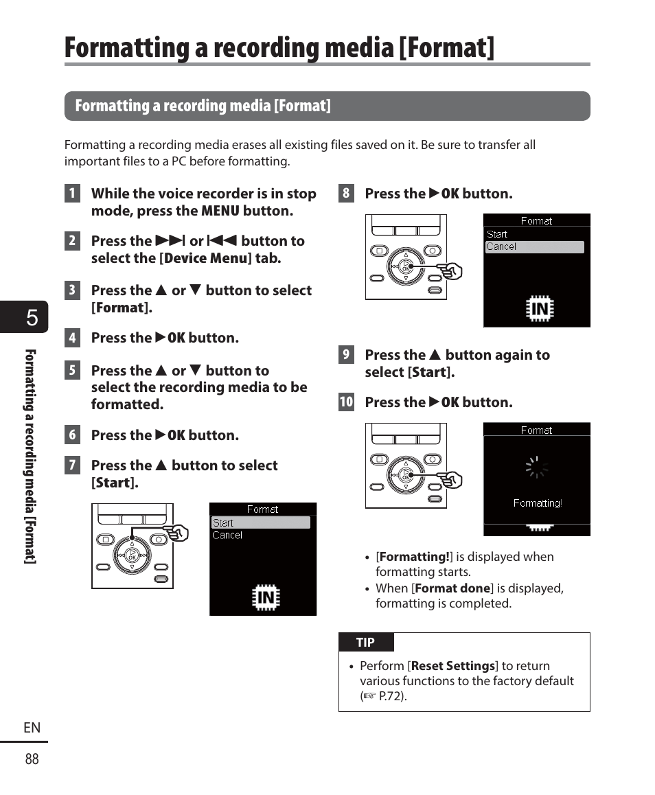 Formatting a recording media [format | Olympus DM901 User Manual | Page 88 / 132