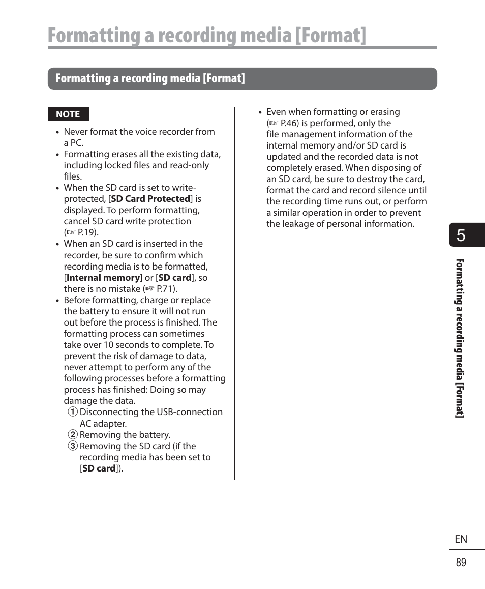 Formatting a recording media [format | Olympus DM901 User Manual | Page 89 / 132