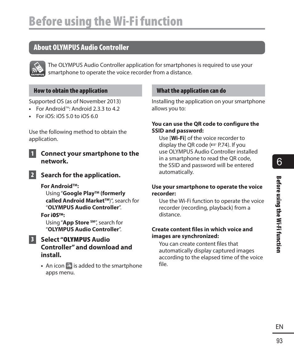 Before using the wi-fi function, About olympus audio controller | Olympus DM901 User Manual | Page 93 / 132