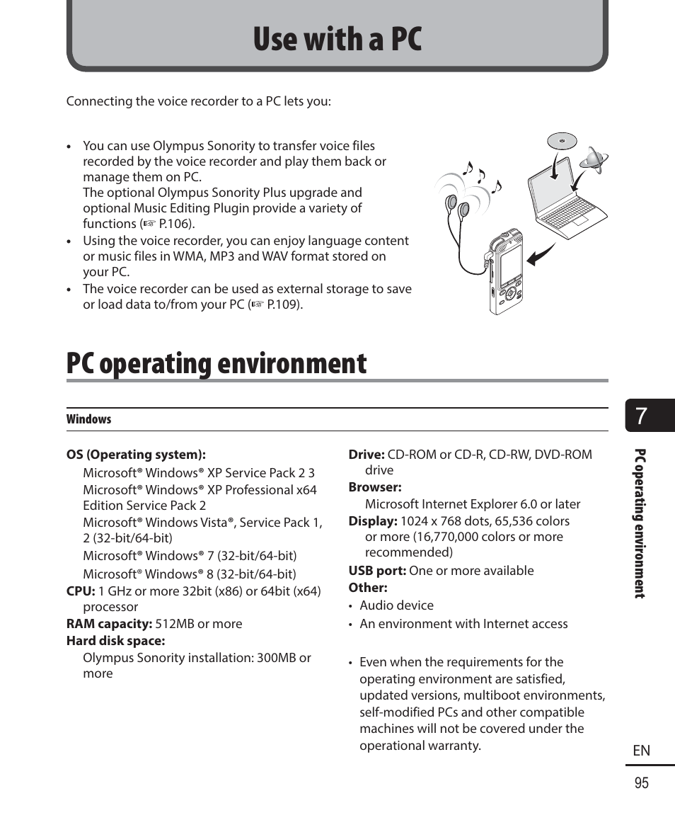 Use with a pc, Pc operating environment | Olympus DM901 User Manual | Page 95 / 132