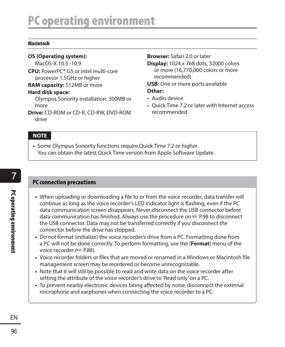 Pc operating environment | Olympus DM901 User Manual | Page 96 / 132