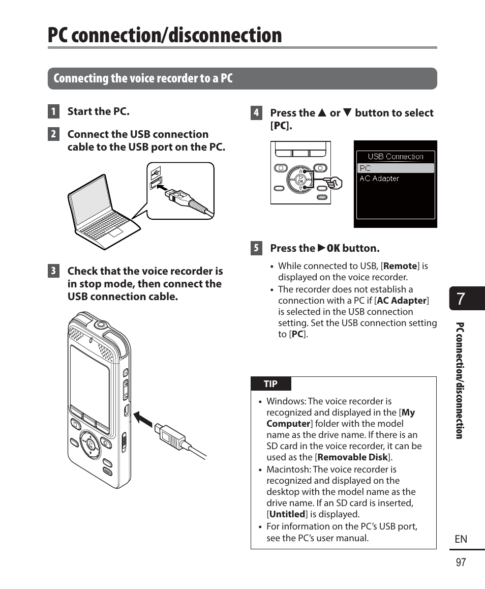 Pc connection/disconnection, Connecting the voice recorder to a pc | Olympus DM901 User Manual | Page 97 / 132