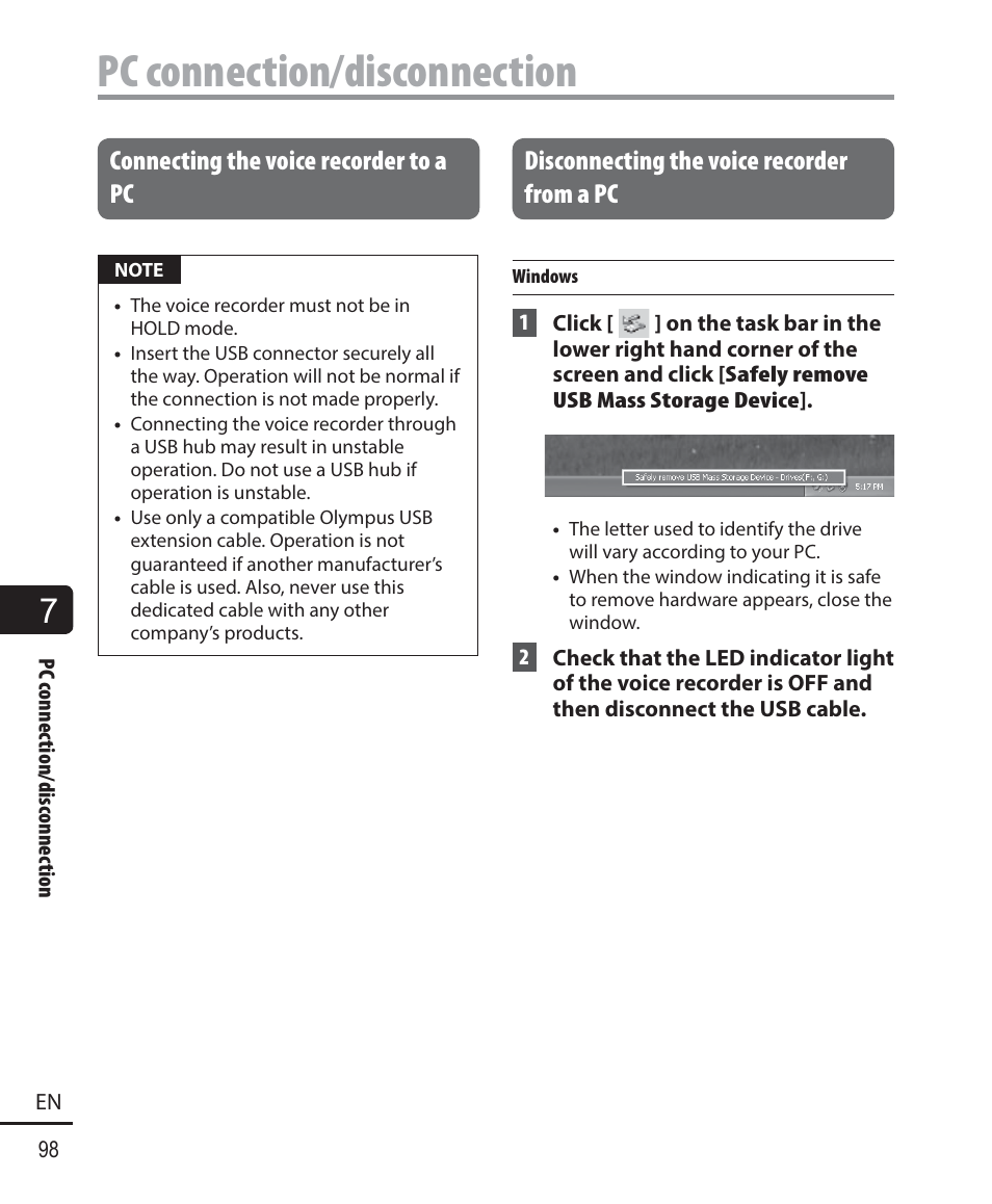 Pc connection/disconnection, Connecting the voice recorder to a pc, Disconnecting the voice recorder from a pc | Olympus DM901 User Manual | Page 98 / 132