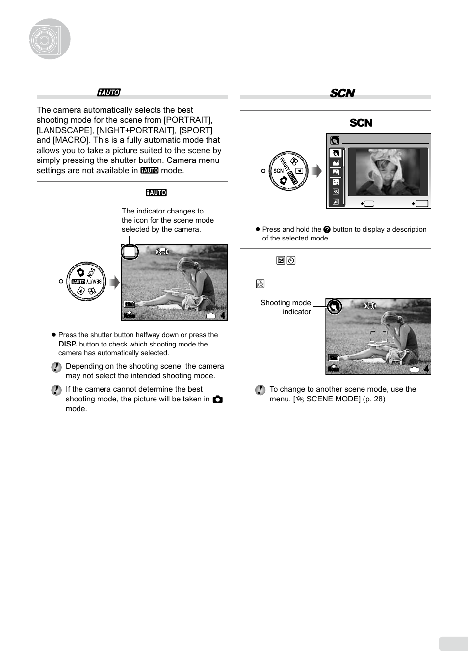 Using shooting modes, Shooting with automatic settings, Using the best shooting mode for the scene | Shooting with automatic settings (h mode) | Olympus µ-5000 User Manual | Page 17 / 67