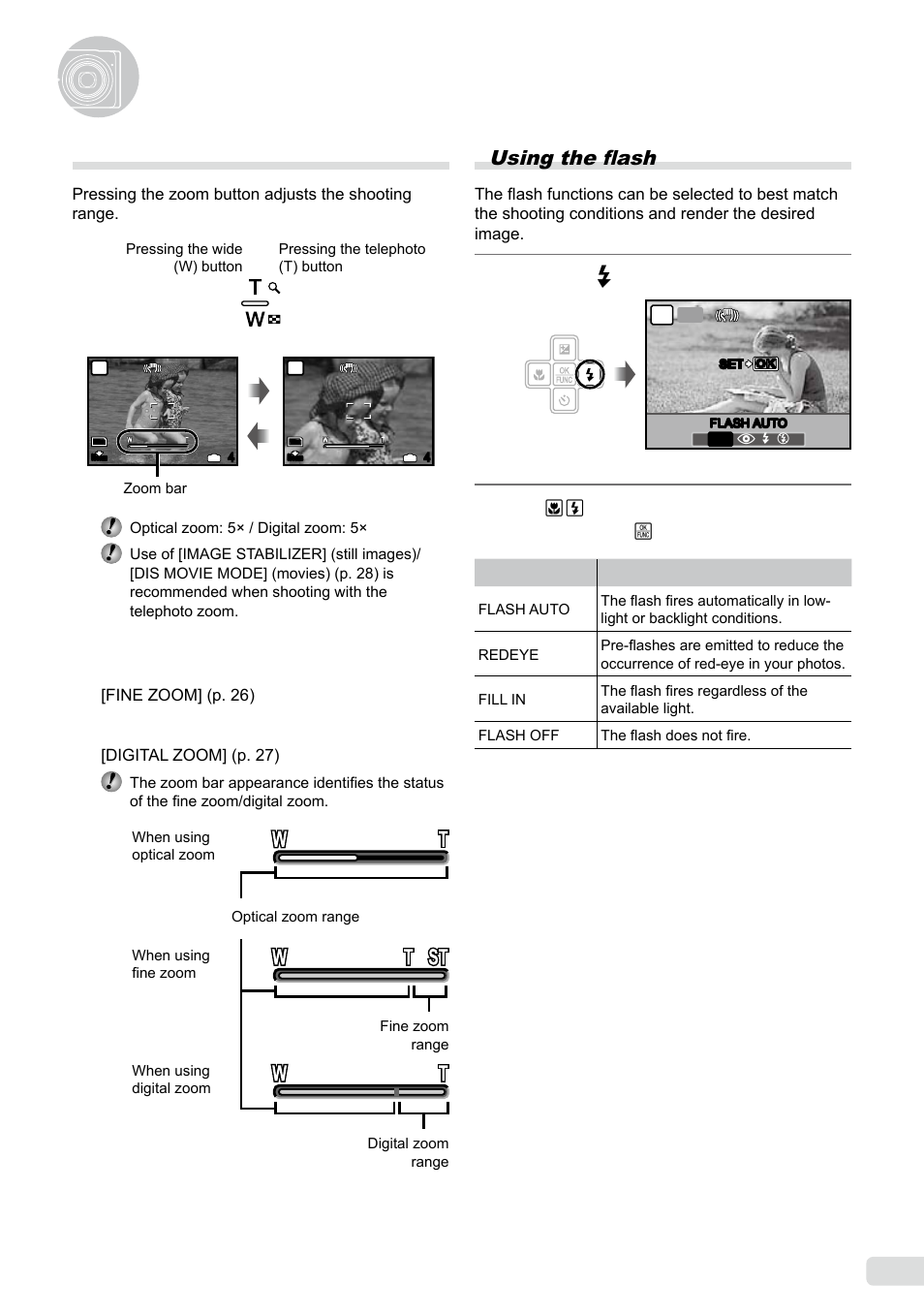 Using shooting functions, Using the optical zoom, Using the flash | 19 en using the flash, Press the # button | Olympus µ-5000 User Manual | Page 19 / 67