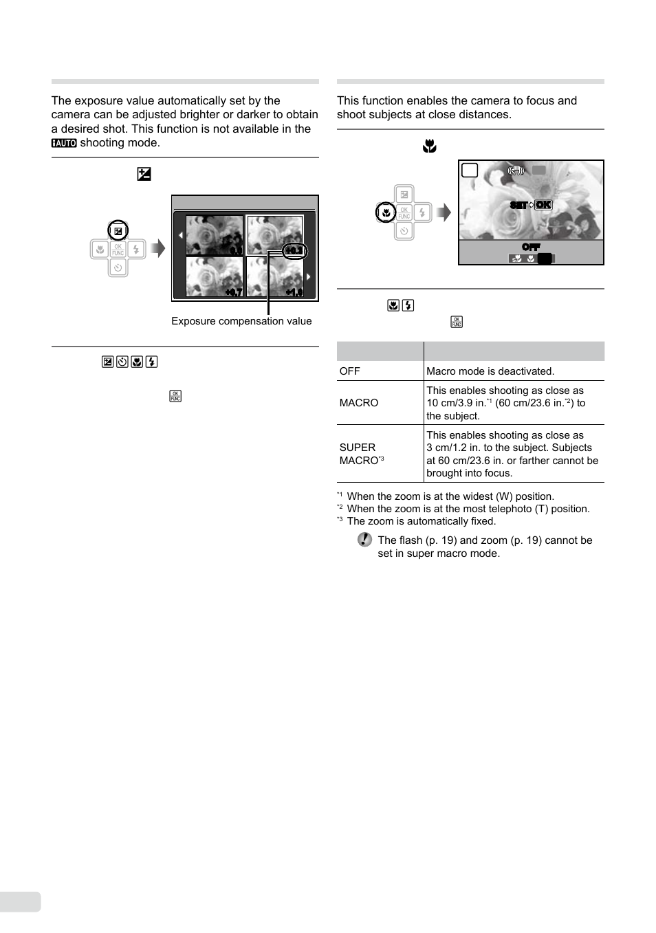 Adjusting the brightness (exposure compensation), Shooting close-ups (macro shooting) | Olympus µ-5000 User Manual | Page 20 / 67