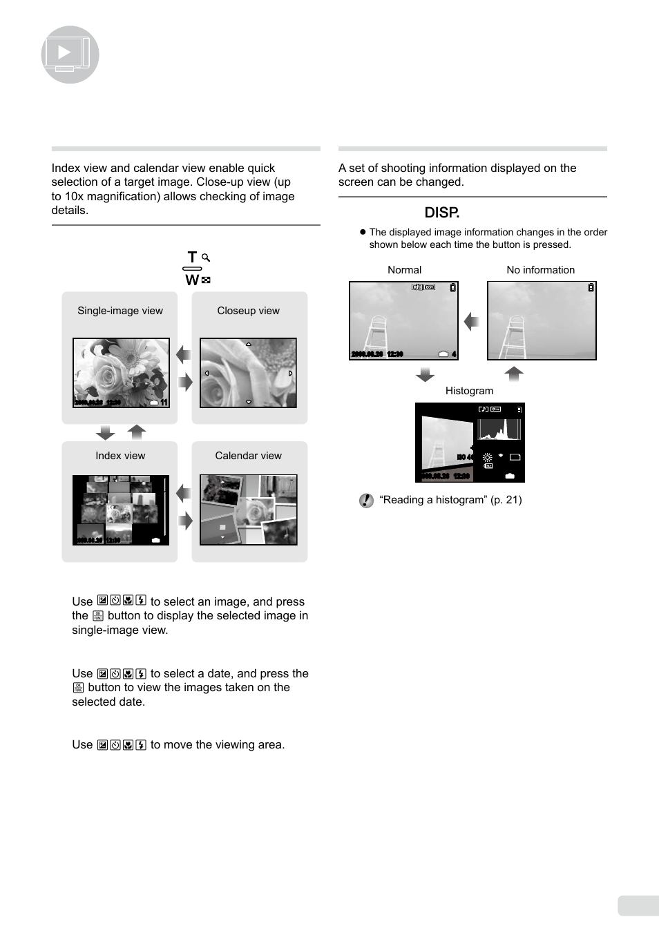 Using playback features, Index view, calendar view, and close-up view, Changing the image information display | Using playback features ............. 3, 3 en index view, calendar view, and close-up view, Press the zoom button, Press the g button, Use abcd to move the viewing area | Olympus µ-5000 User Manual | Page 23 / 67