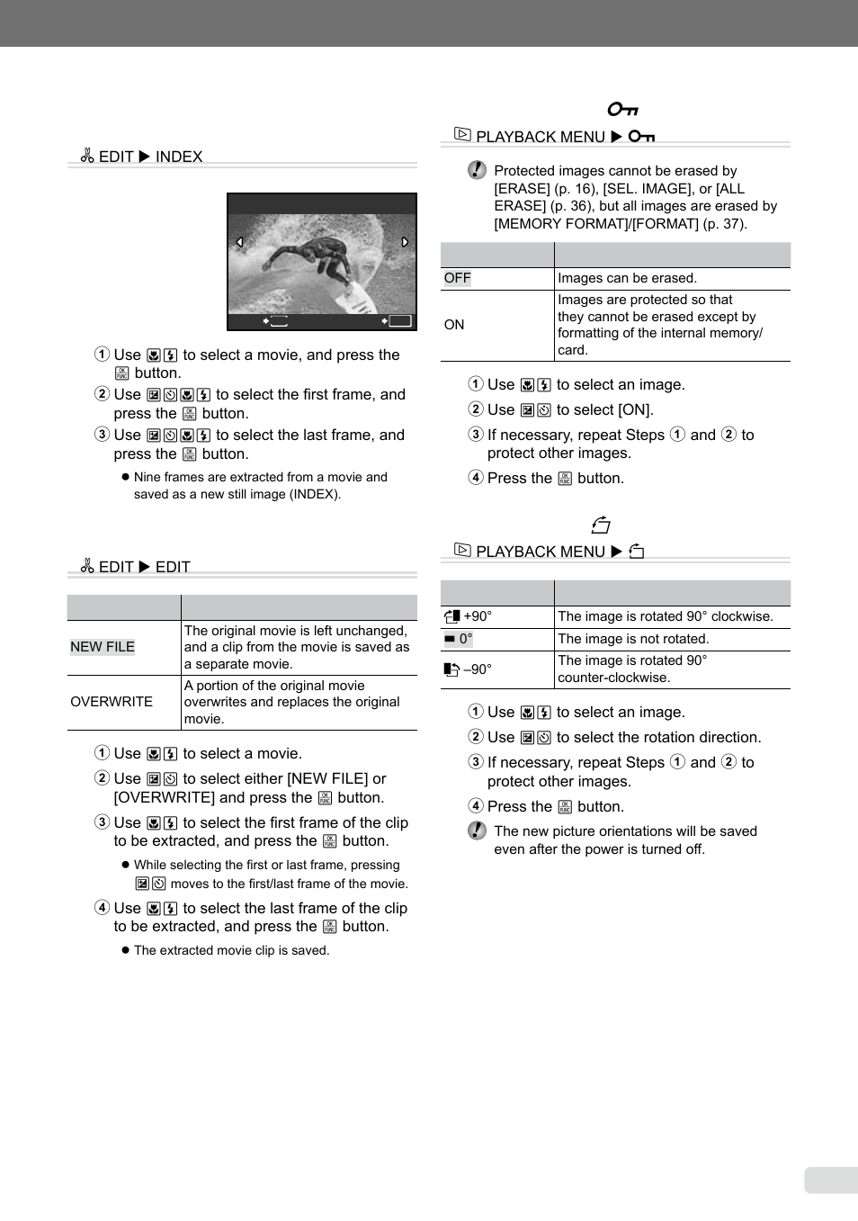 Creating an index of 9 frames from a movie, Extracting a clip from a movie, Protecting images | Rotating images, 35 en, Extracting a clip from a movie [edit] i, Protecting images [ 0 ] j, Rotating images [ y ] j | Olympus µ-5000 User Manual | Page 35 / 67