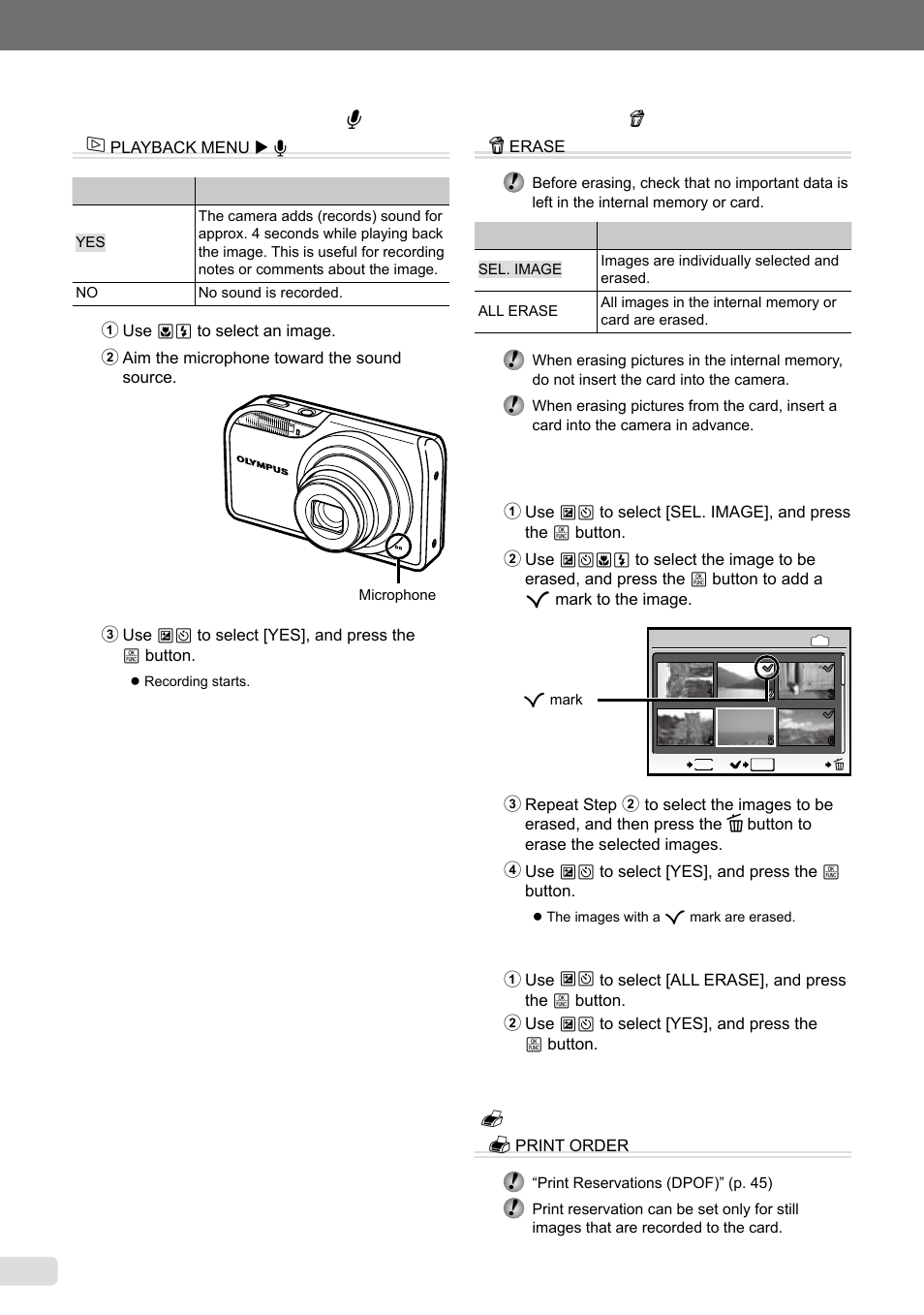 Adding sound to still images, Erasing images, Saving print settings to the image data | 36 en, Adding sound to still images [ r ] j, Erasing images [ k erase] k | Olympus µ-5000 User Manual | Page 36 / 67