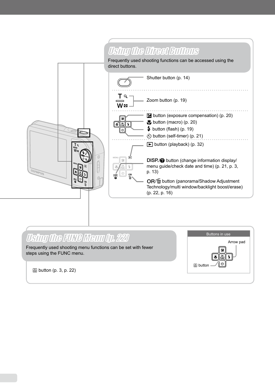 Using the func menu (p. 22), Using the direct buttons | Olympus µ-5000 User Manual | Page 4 / 67