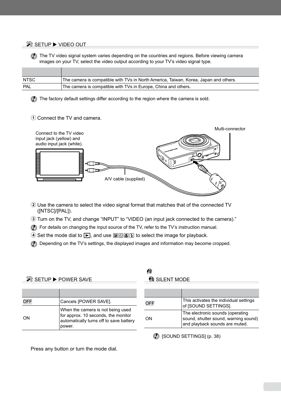Selecting the video signal system to match your tv, Saving battery power between shots, Turning off the camera sounds | 41 en, Saving battery power between shots [power save] e, Turning off the camera sounds [ f silent mode] f | Olympus µ-5000 User Manual | Page 41 / 67