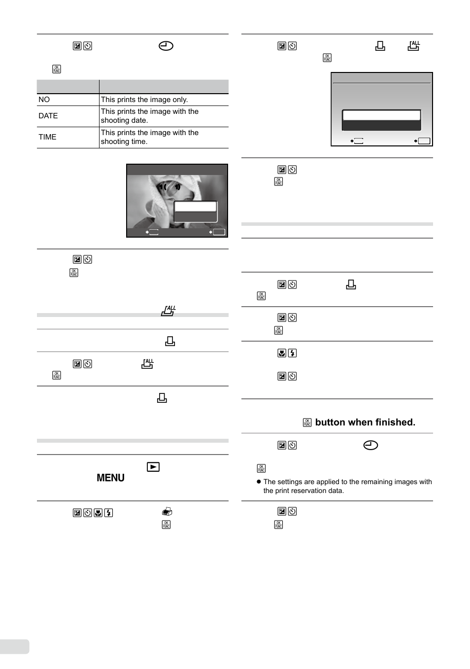 Reserving one print each of all images on the card, Resetting all print reservation data | Olympus µ-5000 User Manual | Page 46 / 67