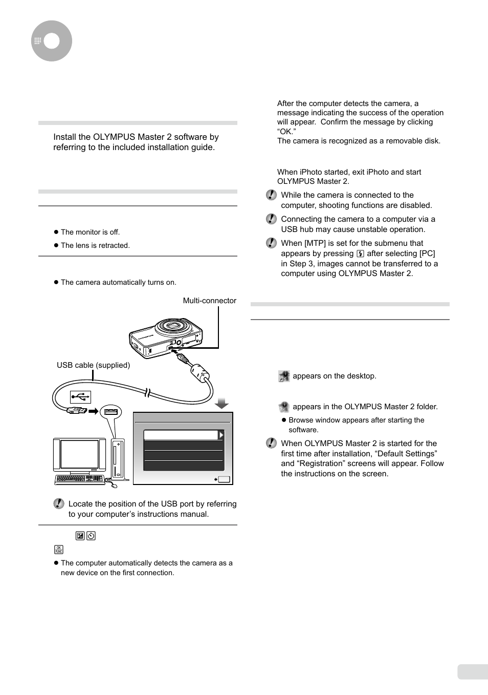 Using olympus master 2, Connecting the camera to a computer, Starting olympus master 2 | Using olympus master, 47 en | Olympus µ-5000 User Manual | Page 47 / 67