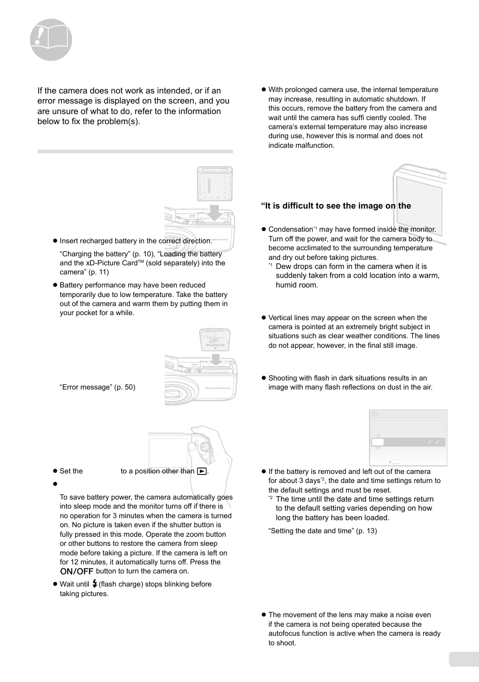 Usage tips, Troubleshooting, 49 en | Battery, Shutter button, Monitor, Date and time function, Other | Olympus µ-5000 User Manual | Page 49 / 67
