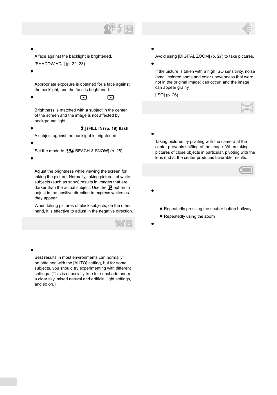 Exposure (brightness), Color hue, Image quality | Panorama, Batteries, 5 en | Olympus µ-5000 User Manual | Page 52 / 67