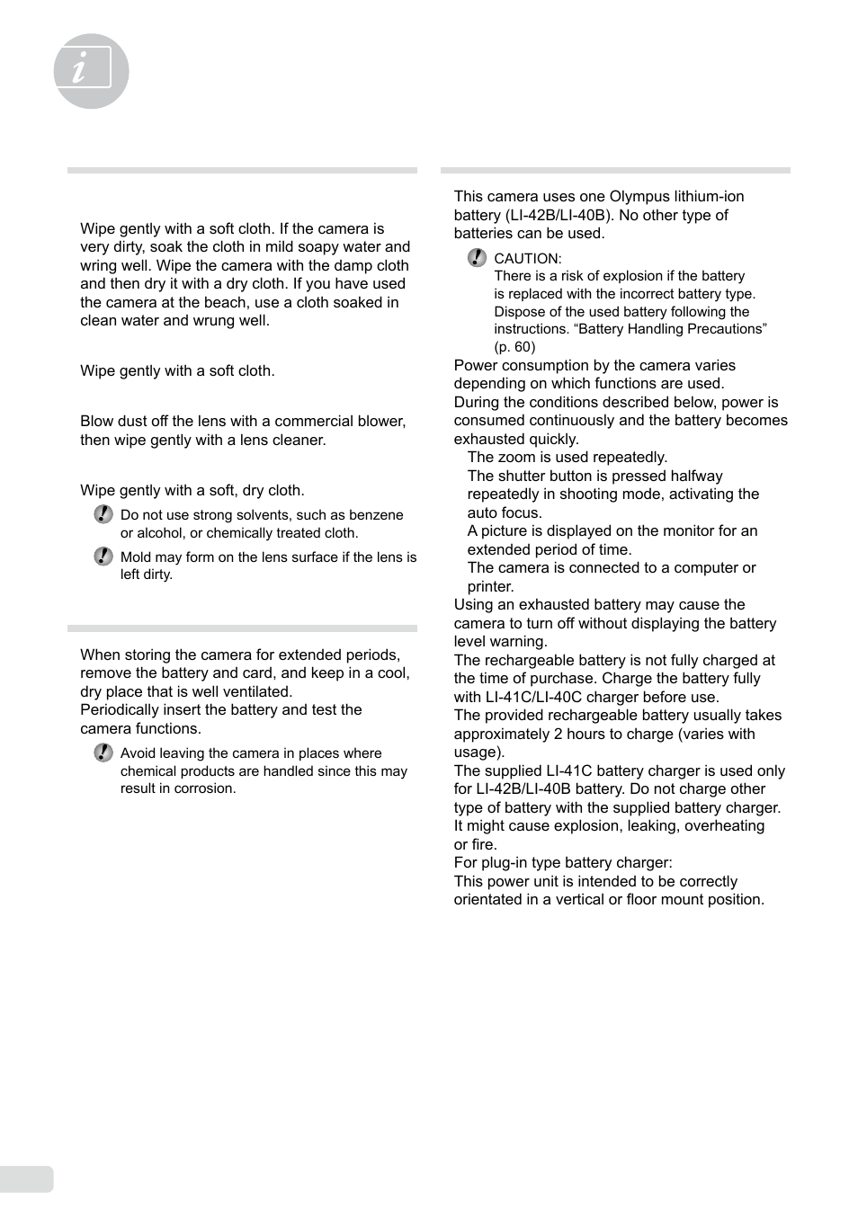 Appendix, Camera care, Storage | Battery and charger, 54 en | Olympus µ-5000 User Manual | Page 54 / 67