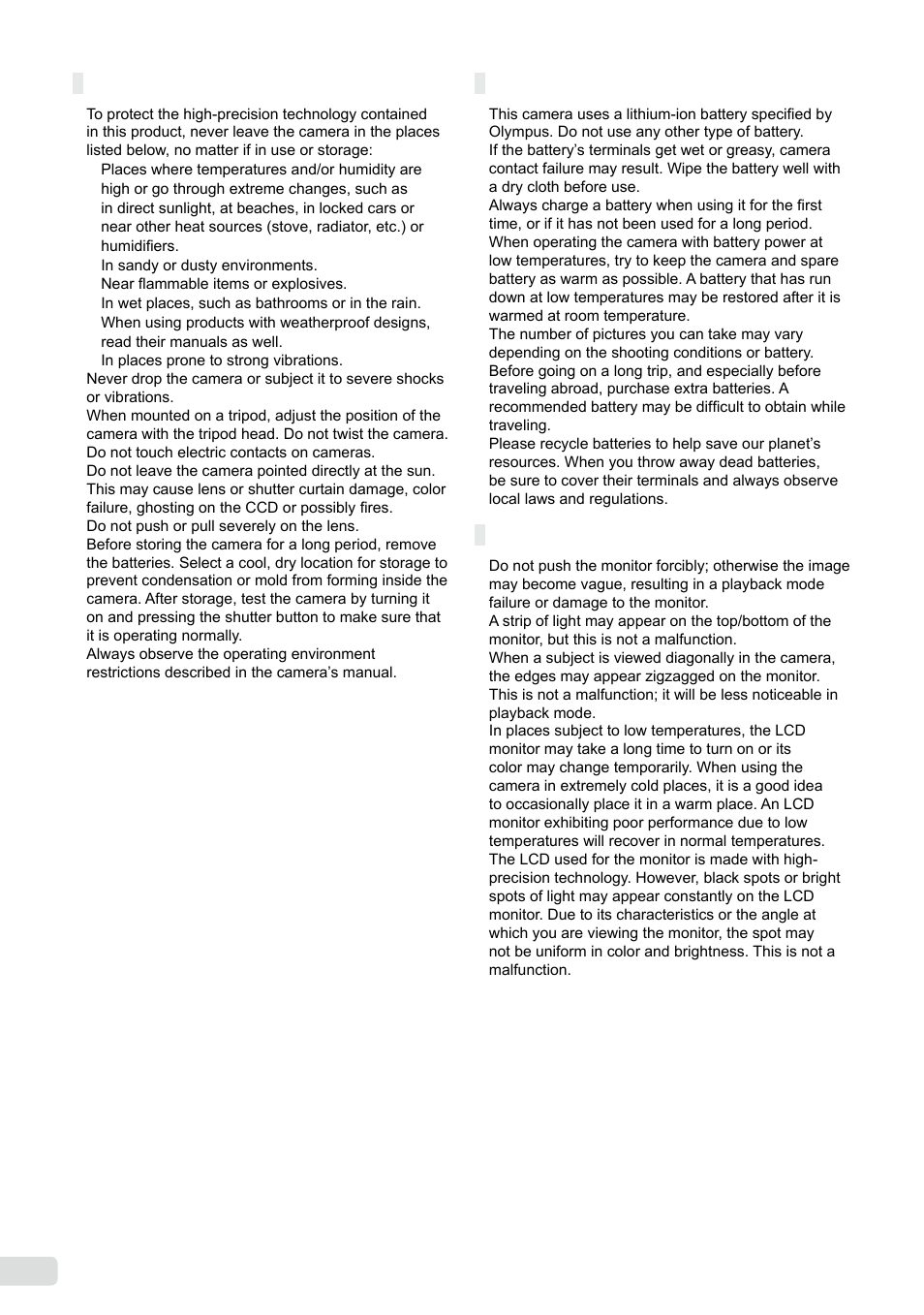 Caution for usage environment, Battery handling precautions, Lcd monitor | 60 en | Olympus µ-5000 User Manual | Page 60 / 67
