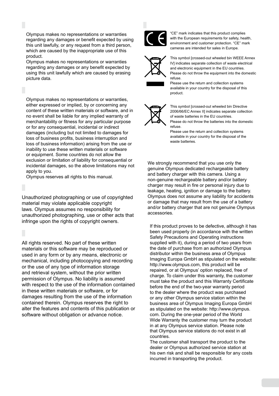 Legal and other notices, Disclaimer of warranty, Warning | Copyright notice, For customers in europe, 61 en | Olympus µ-5000 User Manual | Page 61 / 67