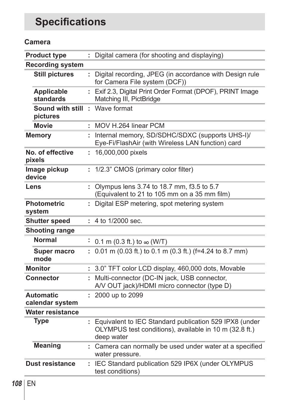 Specifications | Olympus TG850 User Manual | Page 108 / 111