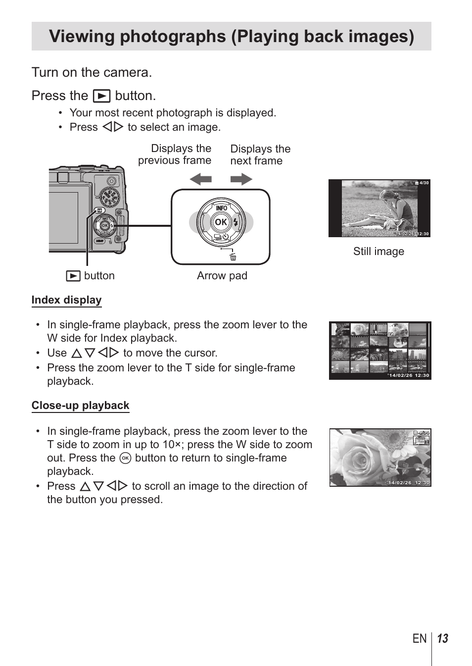 Viewing photographs (playing back images), Turn on the camera. press the q button, 13 en | Olympus TG850 User Manual | Page 13 / 111