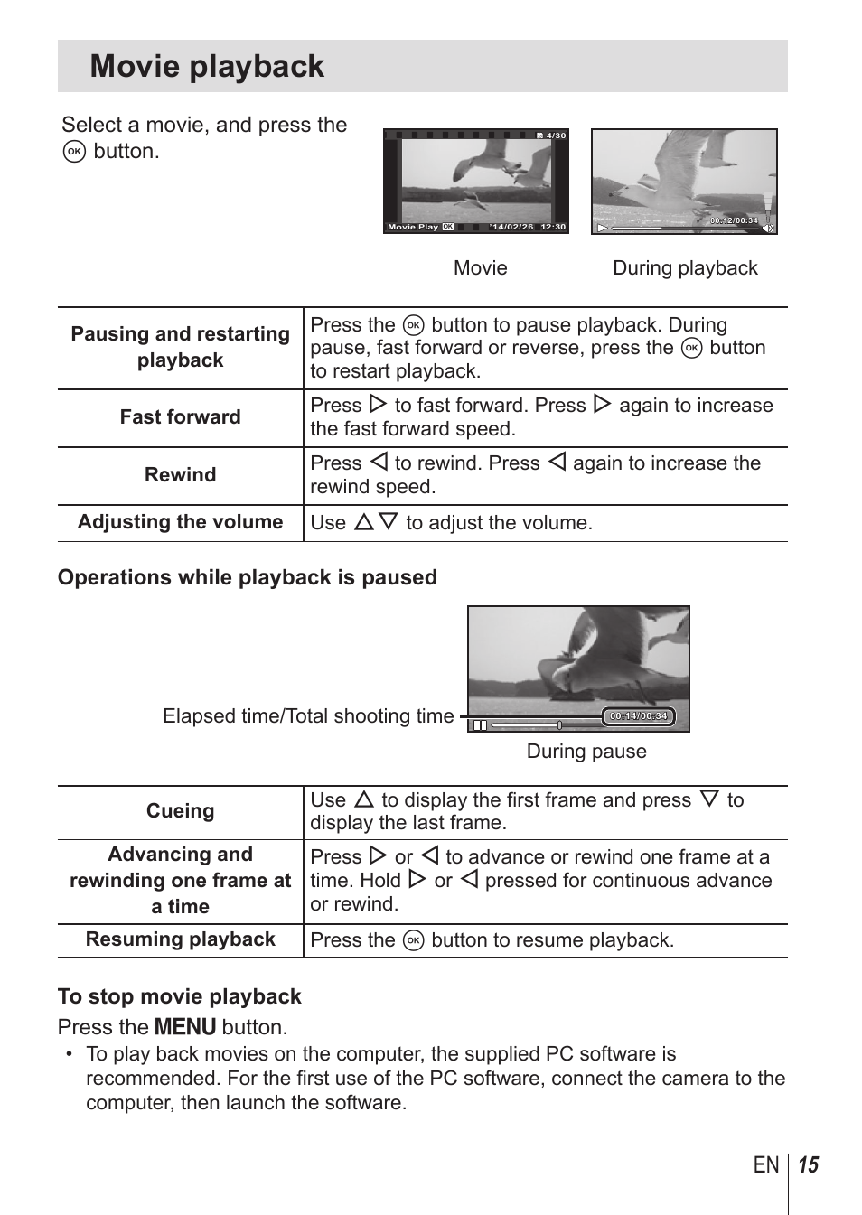 Movie playback, 15 en, Select a movie, and press the a button | Operations while playback is paused | Olympus TG850 User Manual | Page 15 / 111
