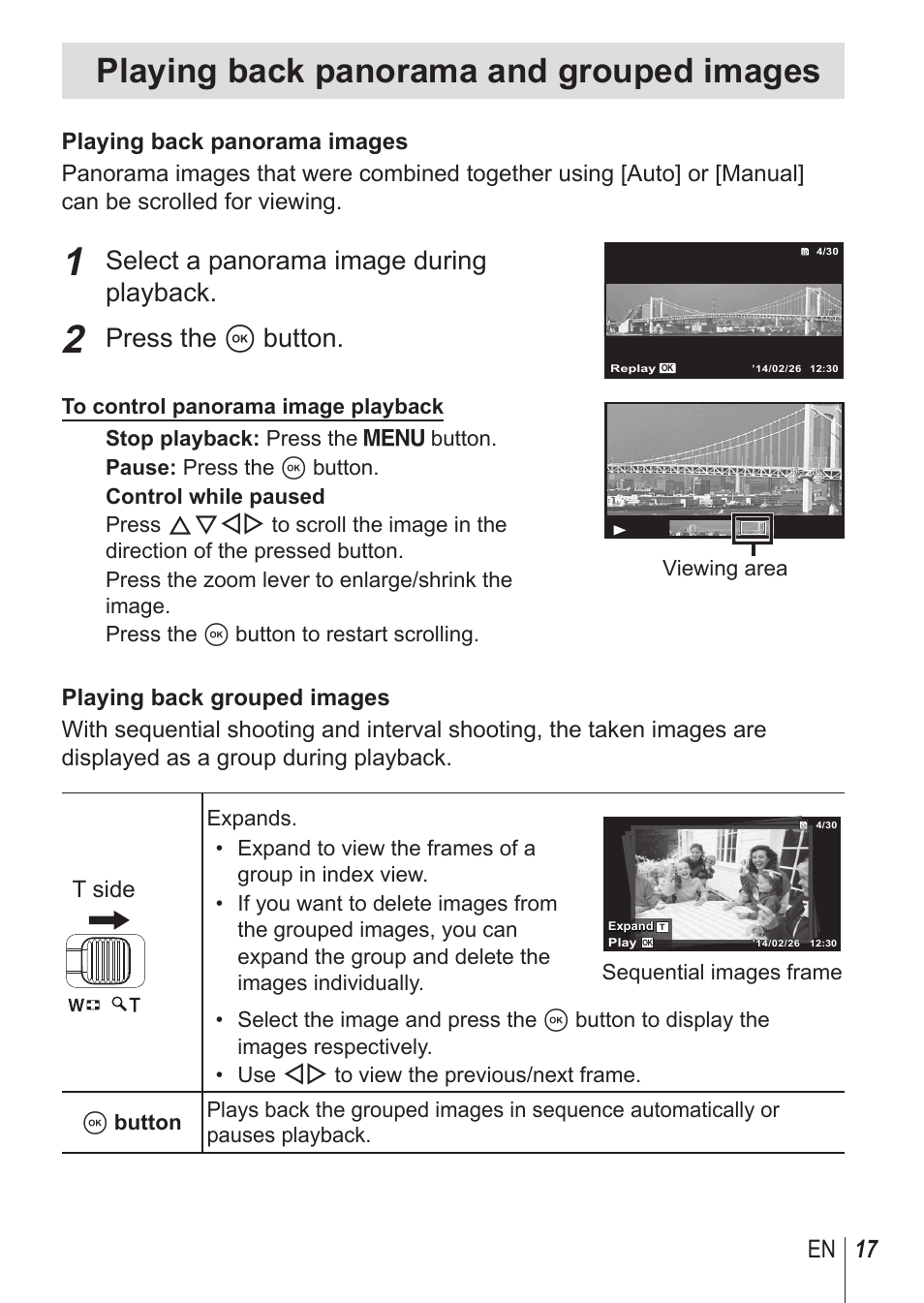 Playing back panorama and grouped images, Select a panorama image during playback, Press the a button | 17 en | Olympus TG850 User Manual | Page 17 / 111