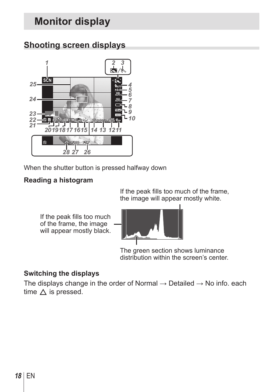 Monitor display, Shooting screen displays, 18 en | Reading a histogram, When the shutter button is pressed halfway down | Olympus TG850 User Manual | Page 18 / 111