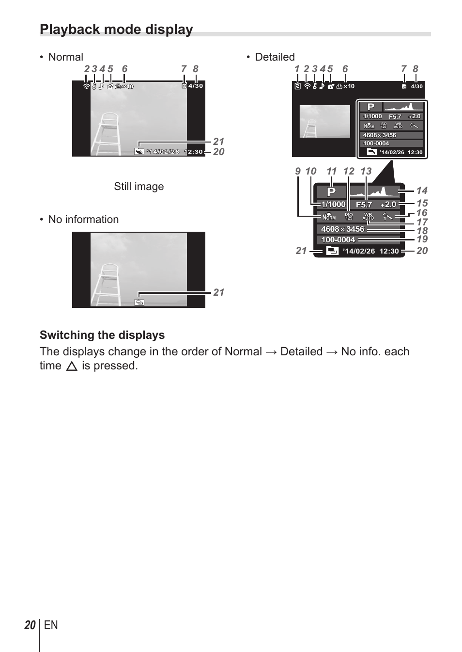 Playback mode display, 20 en, Normal | Still image • no information, Detailed | Olympus TG850 User Manual | Page 20 / 111