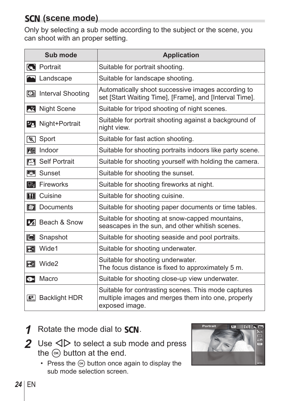 O (scene mode), Rotate the mode dial to o | Olympus TG850 User Manual | Page 24 / 111