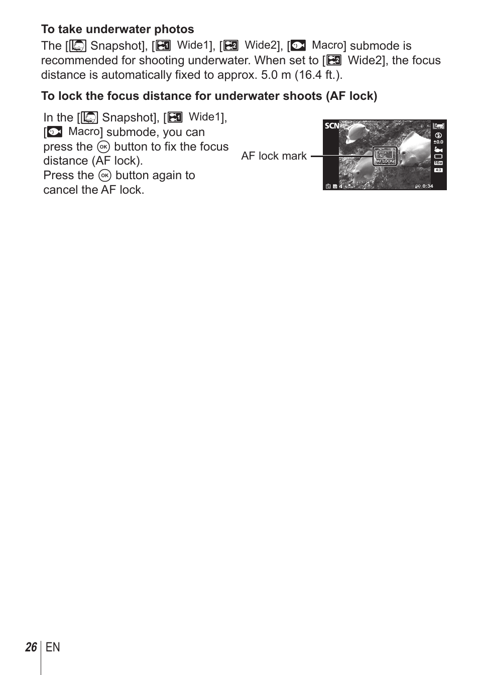 26 en, Wide1, Wide2 | A macro, Af lock mark | Olympus TG850 User Manual | Page 26 / 111