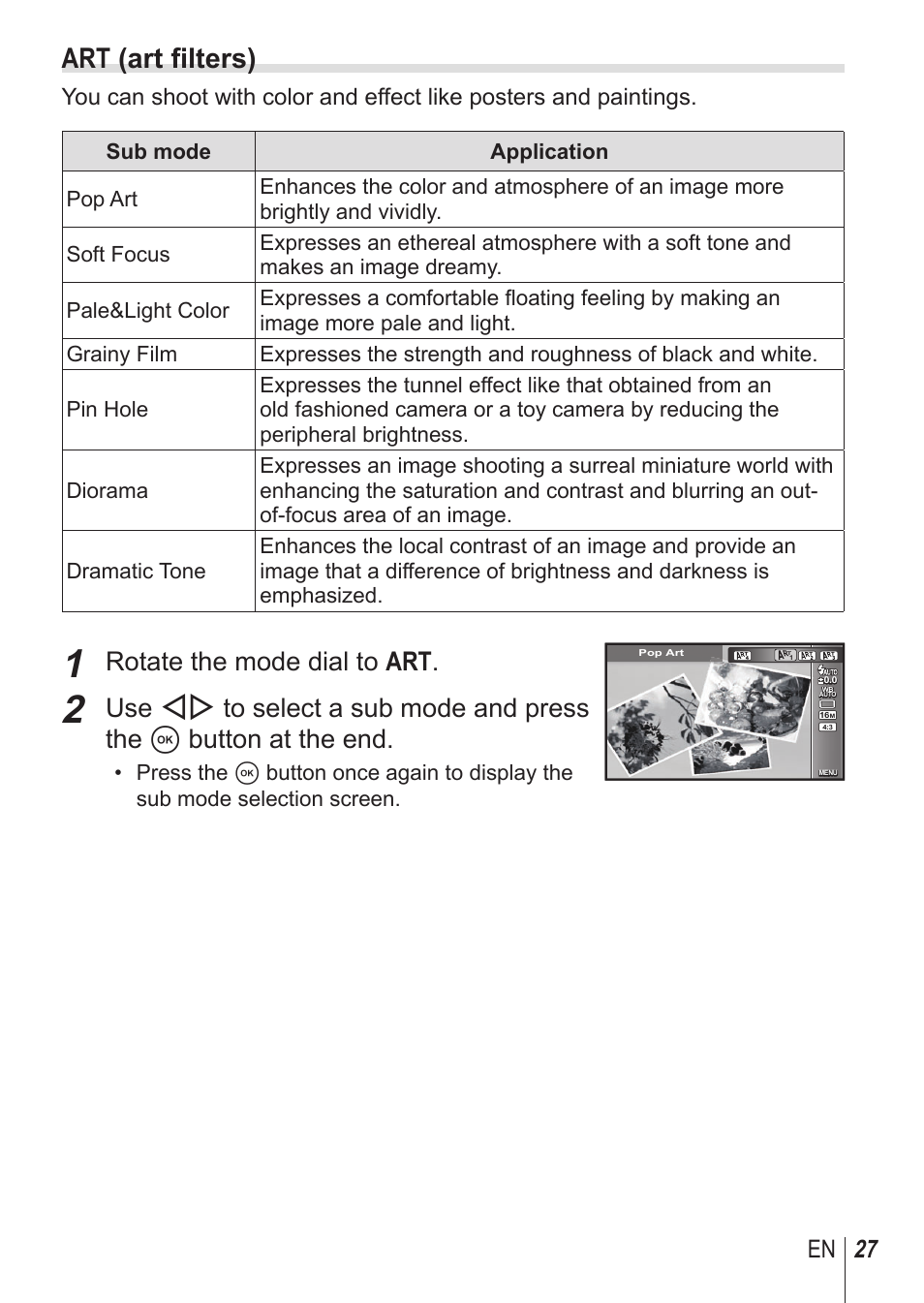 Art (art filters), Rotate the mode dial to art, 27 en | Olympus TG850 User Manual | Page 27 / 111