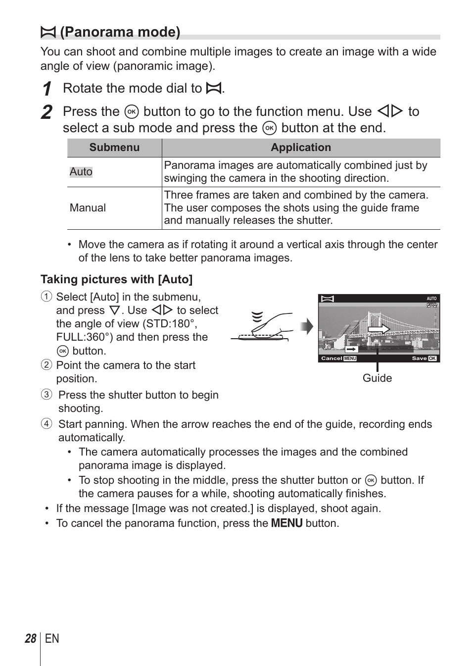 P (panorama mode), Rotate the mode dial to | Olympus TG850 User Manual | Page 28 / 111