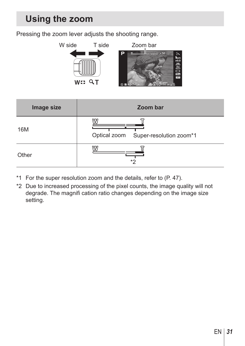 Using the zoom, 31 en, Pressing the zoom lever adjusts the shooting range | Olympus TG850 User Manual | Page 31 / 111