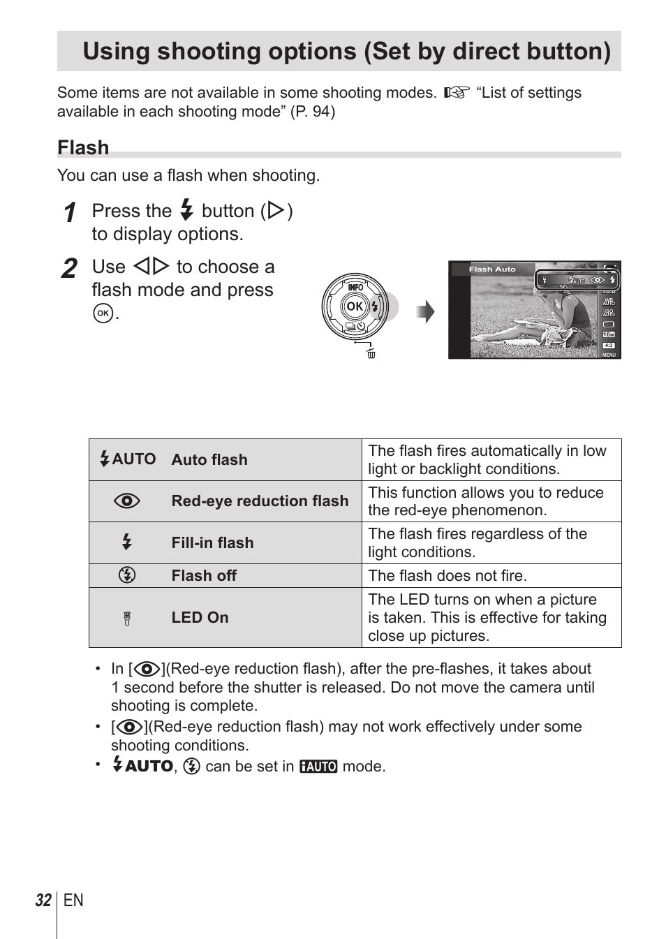 Using shooting options (set by direct button), Flash, Press the # button (i) to display options | Use hi to choose a flash mode and press a, 32 en, You can use a flash when shooting | Olympus TG850 User Manual | Page 32 / 111