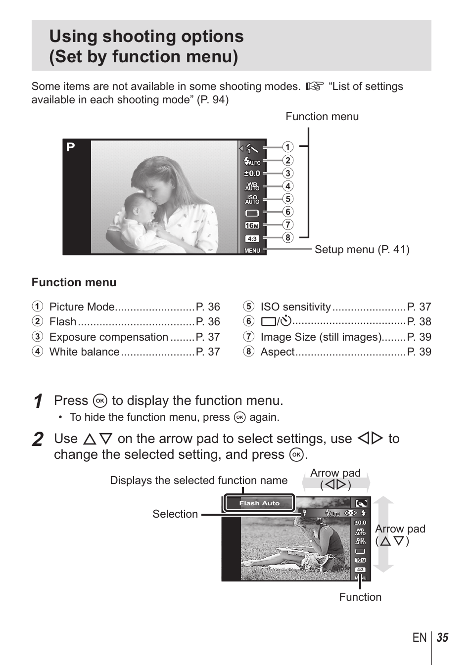 Using shooting options (set by function menu), Press a to display the function menu, 35 en | Function menu | Olympus TG850 User Manual | Page 35 / 111